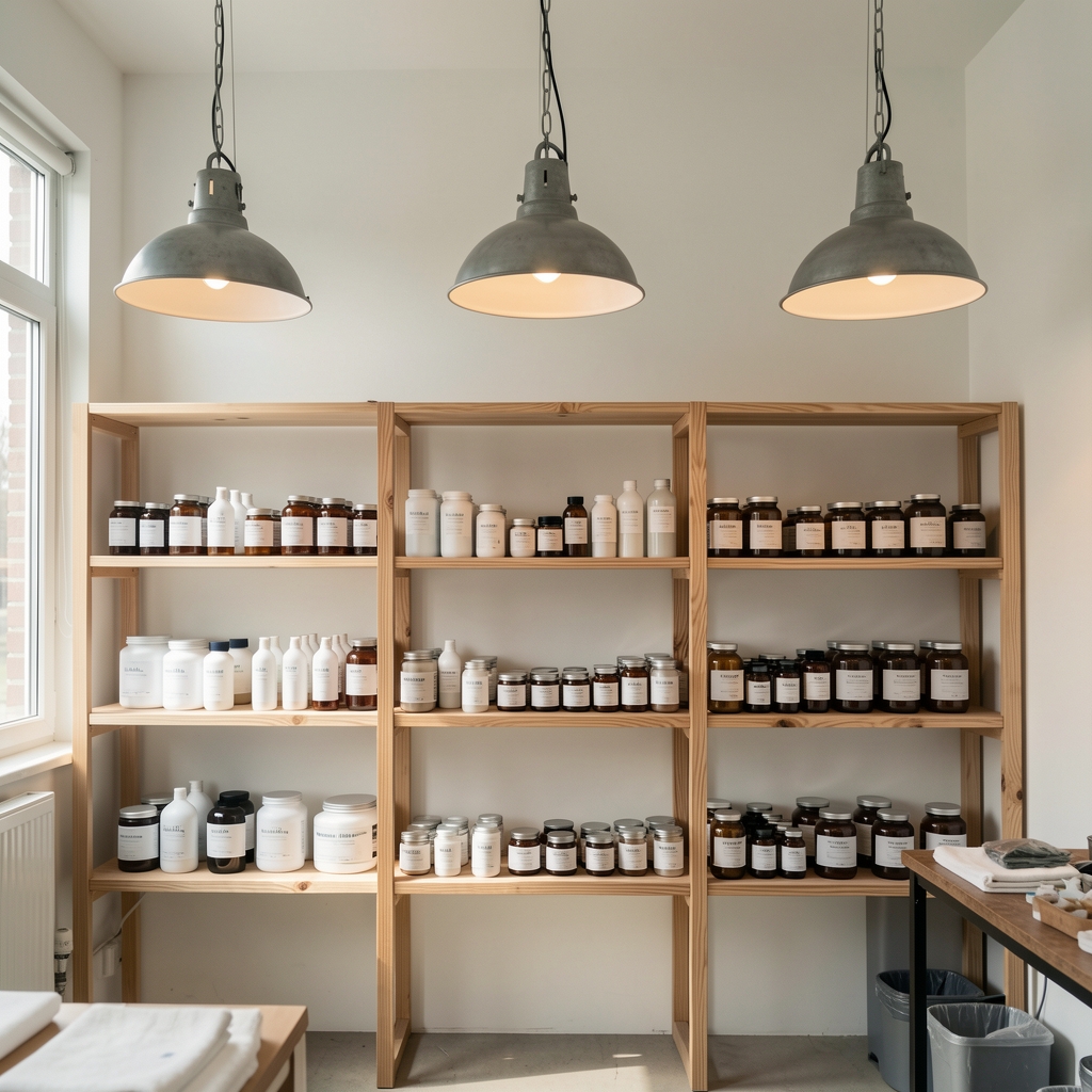 Interior of a minimal workshop studio with wooden shelving holding body care products and supplement jars, industrial pendant lights overhead