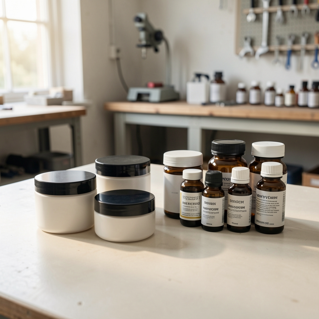 Neatly arranged body cream jars and supplement bottles on a pale workshop surface with natural side lighting