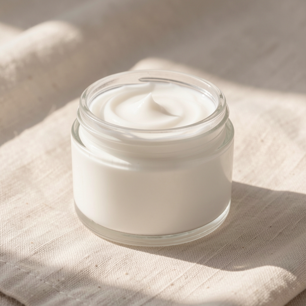 White glass jar of daily body cream placed on a pale linen surface with soft natural light streaming from the left