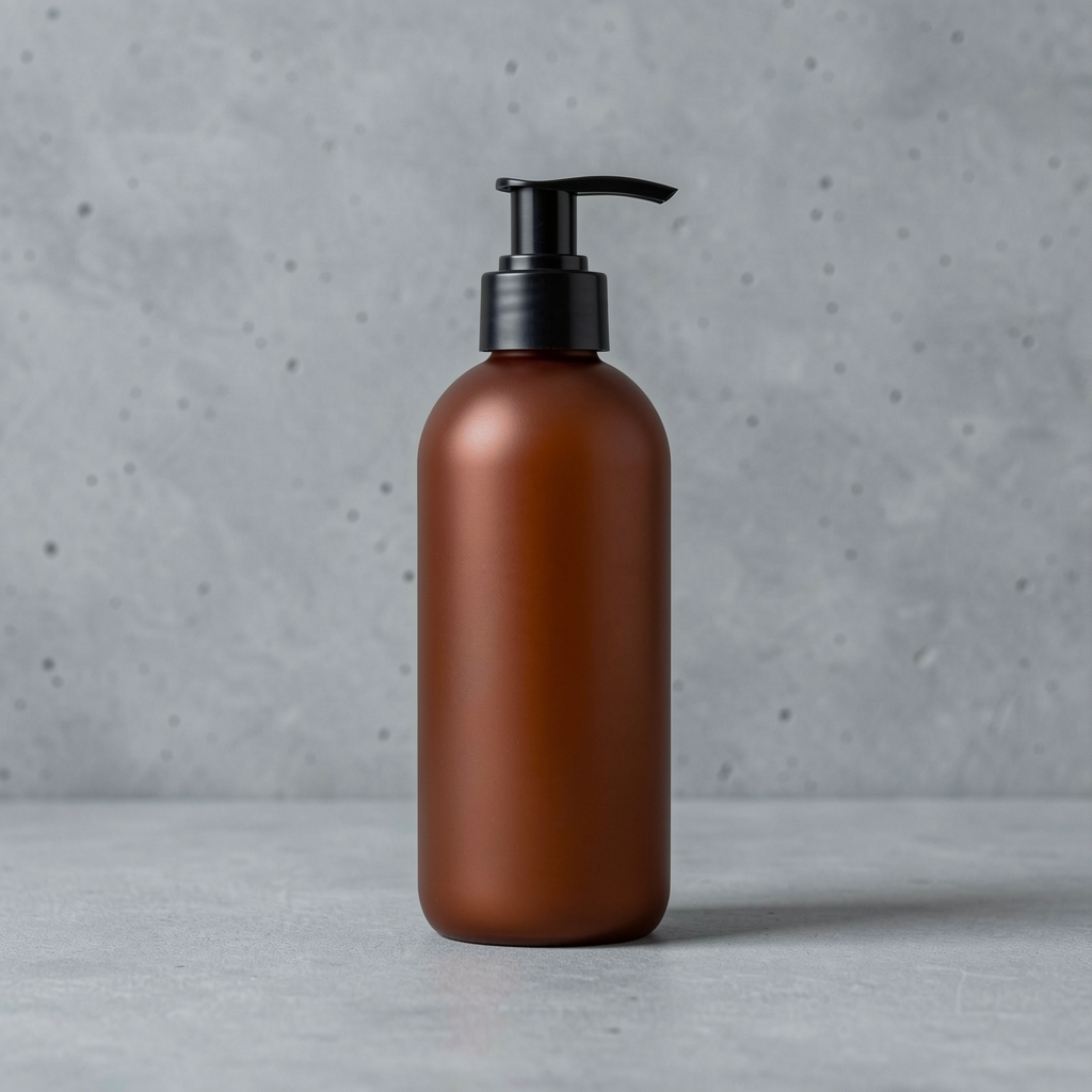 Matte amber pump bottle of body lotion standing upright on a minimal concrete grey surface with editorial overhead lighting
