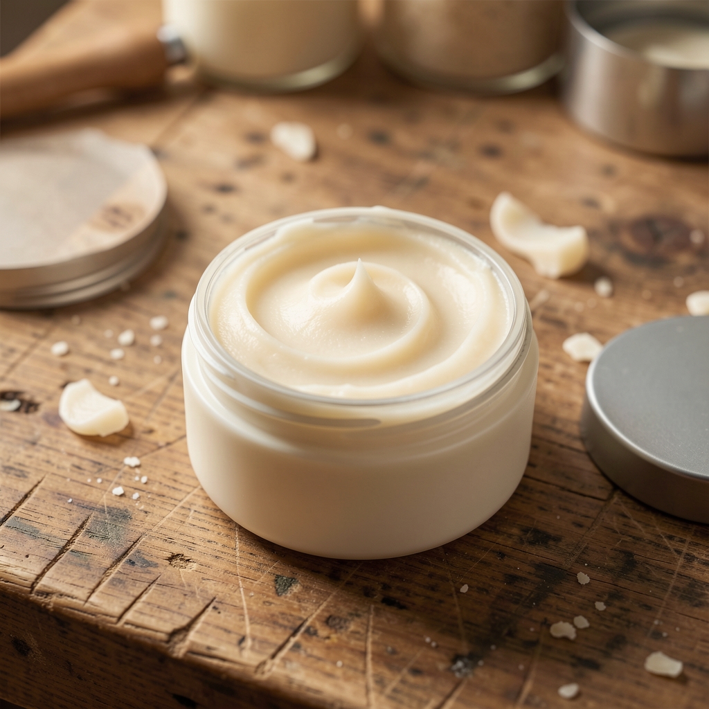 Open wide-lid jar of thick nourishing body butter with a pale cream texture visible, photographed on a wooden workshop bench
