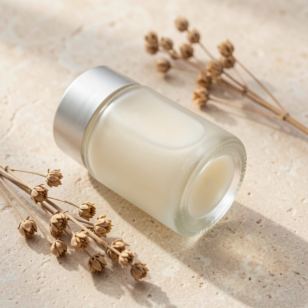 Frosted glass bottle of restorative body balm lying on its side on a pale stone surface alongside dried botanical sprigs