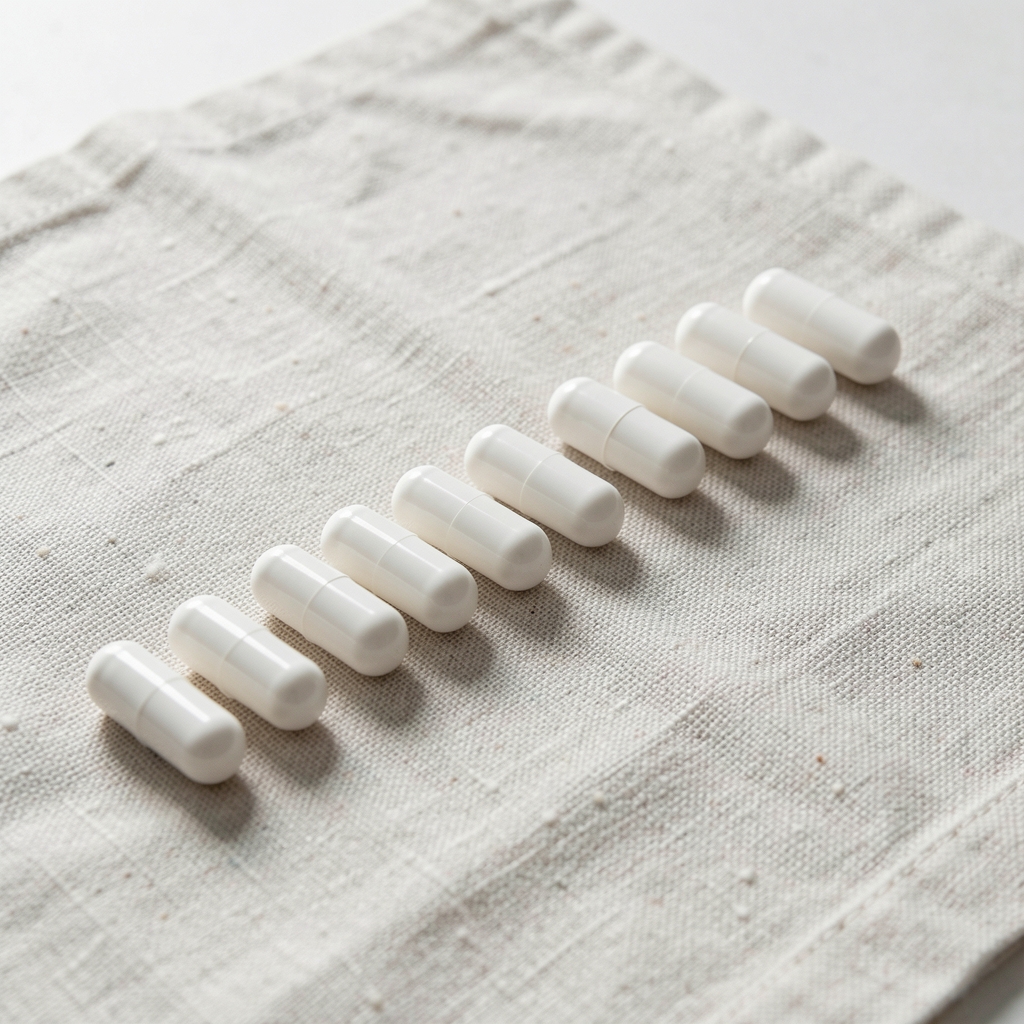 Row of white supplement capsules arranged in a straight line on a pale textured linen cloth under diffused natural light