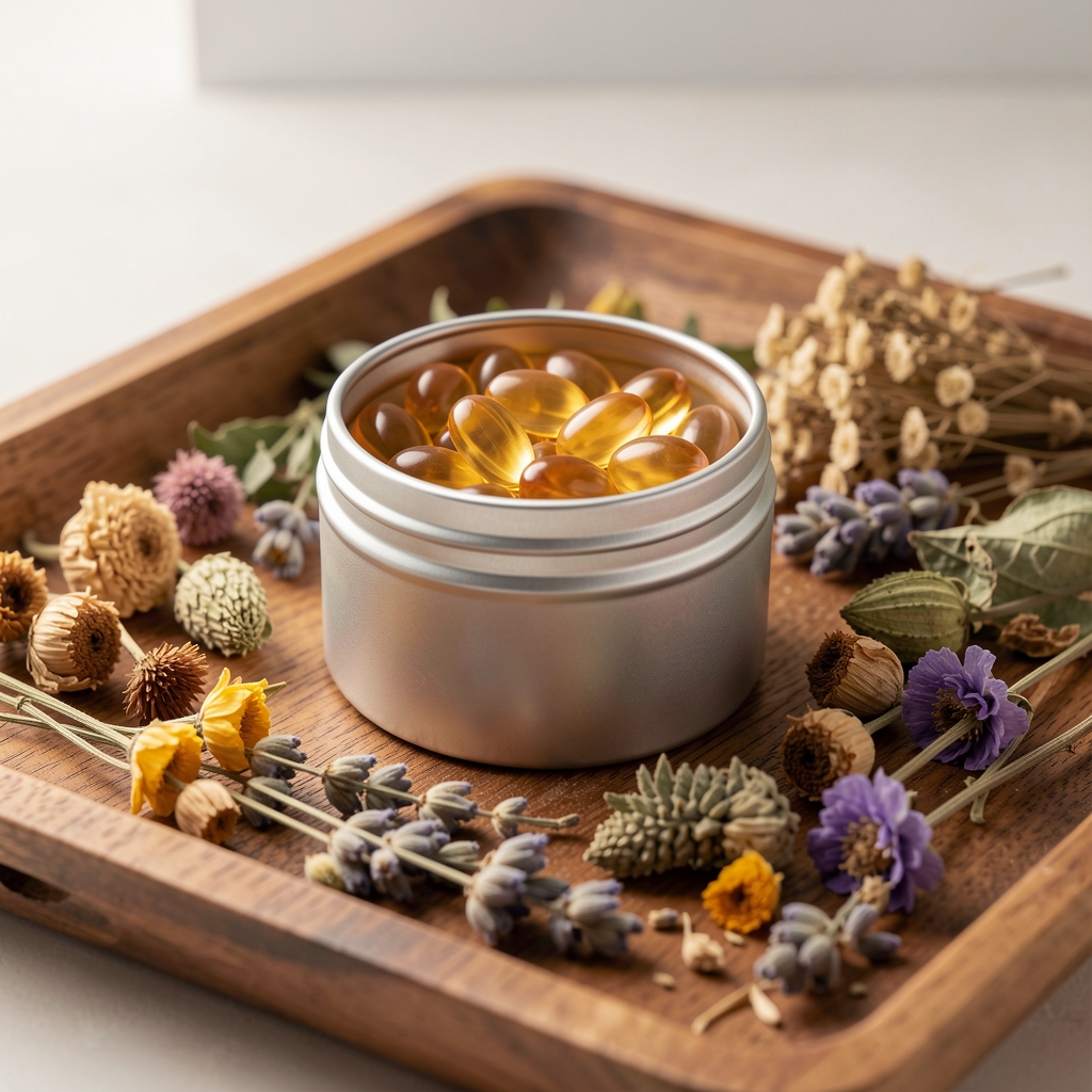 Compact round tin of supplement softgels with a pearlescent surface resting on a wooden tray surrounded by dried botanical herbs